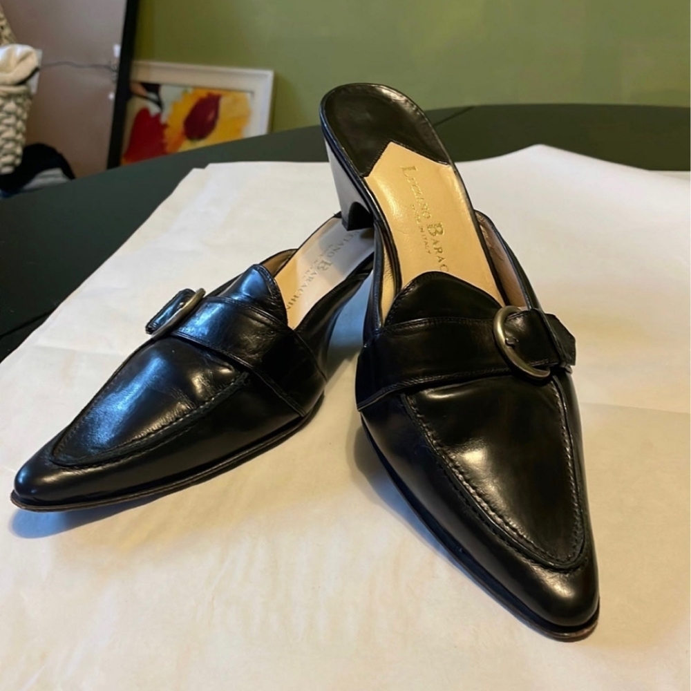 Luciano Barachini ☆ Black Leather Slip On Mule Womens Kitten Heel Size 10